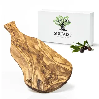 SOLTAKO Schneidebrett Olivenholz mit Griff "The Rustic BBQ", Olivenholzbrett rustikal (43-45 cm)