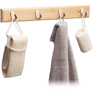 Relaxdays Hakenleiste Bambus, natürliche Maserung, 4 Metallhaken, Flurgarderobe, Handtuchhalter, HBT: 6x48,5x5cm, natur