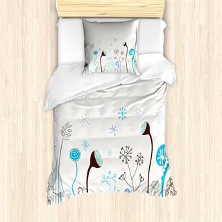 ABAKUHAUS Winter Mantele, Blumen der Saison, Milbensicher Allergiker geeignet mit Kissenbezügen, 135 cm x 200 cm - 80 x 80 cm, Blau, Braun, Weiß - Blau