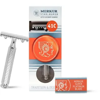 Merkur Rasierhobel 41C | Hexagonalgriff Glanzchrom | Dreiteiliger Rasierer mit geradem Schnitt | Offener Kamm | Ideal für Nassrasur | Zinkdruckguss | Made in Germany
