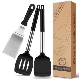 Silikon Pfannenwender 3 Set mit Edelstahl Grillwender, BPA-frei hitzebeständige Silikon Spatel für die Küche, Küchenhelfer Set, Spülmaschinenfest,Küchenutensilien für Braten, Grillen und Kochen