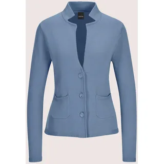 Strickjacke MADELEINE "Strickblazer Eleganter Blazer mit feinem Glattstrick", Damen, Gr. 46, blau (rauchblau), Obermaterial: 100% Baumwolle CO., Modern, Strickjacken Strickjacke, Hautsympathische Baumwolle