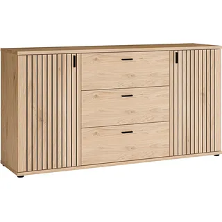 Forte VERNIQ Sideboard 160, Scandi-Stil Kommode, 2-türig, 3 Schubladen, Lamellendetails, Wohnzimmer, Holzwerkstoff, Wildeiche Natur Holzdekor, 159,5 cm breit x 83,1 cm hoch x 41,4 cm tief