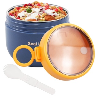 bainuote Müsli To Go Becher 600ml Joghurtbecher Auslaufsicherer Müslibecher To Go Porridge Becher Edelstahl Lunchbox to go mit Klapp-Löffel für Jedes Frühstück Mittagessen-Blau