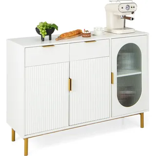 COSTWAY Buffetschrank, Küchen-Sideboard mit 2 geräumigen Schubladen 2 großen Schränken mit Türen & Metallbeinen, elegante freistehende Aufbewahrungseinheit für Esszimmer, Küche, Wohnzimmer, Weiß - Weiß