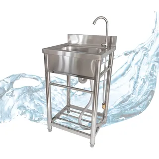 Spültisch freistehend, Wasserhahn mit Gartenschlauch-Anschluss, Spülbecken, Größe M - Silber