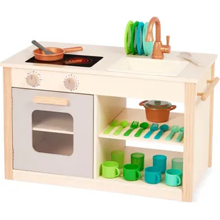 Battat Two n' One Cookin' Fun Kinderküche & Markt mit Kreidetafel | 26-teiliges Holz-Spielset mit Herd, Backofen, Spüle und Marktseite; kleinkindgerechte Größe, Kinderküche; 2+ Jahre