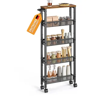 VASAGLE Rollwagen 5 Ebenen, Küchenwagen schmal, Nischenregal auf Rollen, Stahl, Griff, für kleine Räume, 13 x 45,4 x 99,6 cm, Küche, Bad, Wohnzimmer, Arbeitszimmer, vintagebraun-schwarz LRC034B01