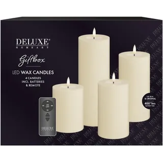 Deluxe Homeart Flammenlose LED-Geschenkbox für den Innenbereich, 4er-Set, mit Fernbedienung und Batterien, Real FlameTM️ Technologie, batteriebetriebene Kerzen (cremefarben)