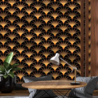 ICYEHAO geometrische Tapete, 44 x 300 cm, modern gestreift, Schwarz und Gold, für Badezimmer, Wohnzimmer und Schlafzimmer