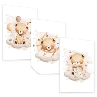 Muralo Poster SET für Kinderzimmer Schlafende Bären auf Wolken Sterne 3x Poster A3 30x42cm , Braun, Weiß, Beige , Papier , Tiere, Märchen/ Fantasie , Rechteckig , 30x42x1 cm , Bilder & Rahmen, Bilder, Sonstige Wandbilder
