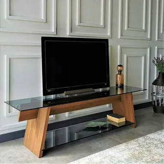 Dmora - Fernsehschrank Zosma, Ständer für Wohnzimmerfernseher, Niedriges Wohnzimmer-Sideboard, TV-Ständerbasis, 158x40h45 cm, Walnuss und Schwarz