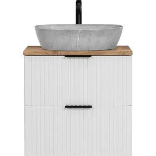 Waschtisch 60cm mit Aufsatzbecken, weiß mit Eiche Nb., Front gerillt, ADELAIDE-56-WHITE - Weiß