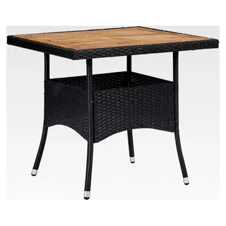 Gartentisch aus Akazienholz für 4 Personen, Esstisch, Terrassentisch, Balkontisch, Rattantisch, Gartenmöbel, Poly Rattan 80x80x75cm, Schwarz