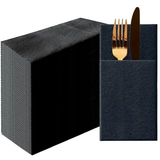 PAW - Besteckservietten aus Airlaid - Stoffähnlich (39 x 40 cm 1/8 falz) | 50 Stück | HoReCa | Ideal für Hochzeit, Taufe, Kommunion, Geburtstag | Serviettentaschen für Besteck | Schwarz