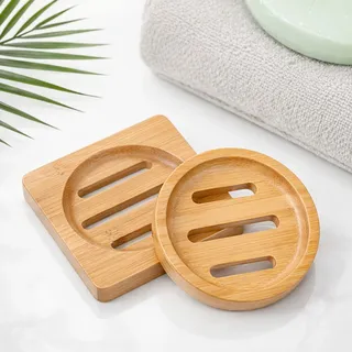 2 Stück Seifenschale Rund, Seifenschale Holz, Seifenhalter, Seifenablage Naturholz Bambus, Seifenablage Waschbecken Für Badezimmer, Küche (Rundes, Quadrat)