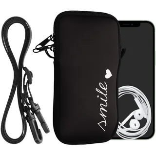 kwmobile Handytasche für Smartphones XL - 6,7/6,8" - Neopren Handy Hülle Weiß Schwarz - Handy Tasche mit Kette 17,2 x 8,4 cm Innenmaße - Smile Herz