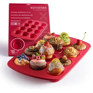 coox Muffinform 12er -Ø 7,0 cm - Kein Einfetten/Papierförmchen nötig I Antihaft-Silikon I leichte Entnahme I Platzsparend I Spülmaschinenfest I BPA-frei Rot