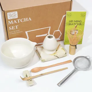 HEI MING Matcha Set Beige (8-teilig) und Schale mit Ausgießer, Premium Matcha Tee Set für Matcha Latte Zubereiten, Handgemachter Bambusbesen (Chasen), Löffel & Sieb, Originelles Geschenk für Matcha