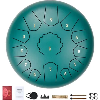 Vevor Zungentrommel 305mm, Steel Tongue Drum 13 Noten, Stahltrommel C-Dur-Tonart, mit 2 Schlägeln & Tragetasche, Schlaginstrument für Musikunterricht & Yoga, Grün