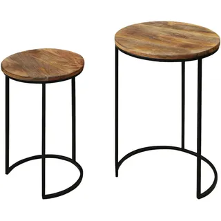 Mid.you Satztisch , Naturfarben, Schwarz , Holz, Metall , 2-teilig , Mangoholz , massiv , rund , C-Form , 30x60x40 cm , einfacher Aufbau , Wohnzimmer, Wohnzimmertische, Beistelltische
