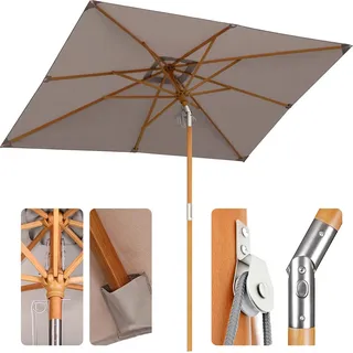 Sekey 300 x 200 cm Sonnenschirm Rechteckig Holz Balkonschirm Marktschirm mit Knickbar, für Terrasse Gartenschirm UV50+, Taupe - Taupe