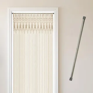 Cozyor Makramee Türvorhang 132x200cm + Klemmstange 70-120 cm ohne Bohren Türvorhang Fenstervorhang Raumtrenner, Wandbehang & Deko beige Silber, Hochzeit, Balkon Handmade