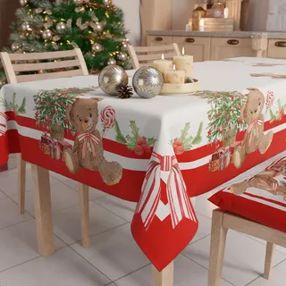 PETTI Artigiani Italiani Petti - Weihnachtstischdecke Tischdecke 140 x 300 cm, rechteckig, schmutzabweisend & fleckenabweisend, Pflegeleichte Mikrofaser mit Motiv Kleiner Bär, ideal für Advent & Weihnachten