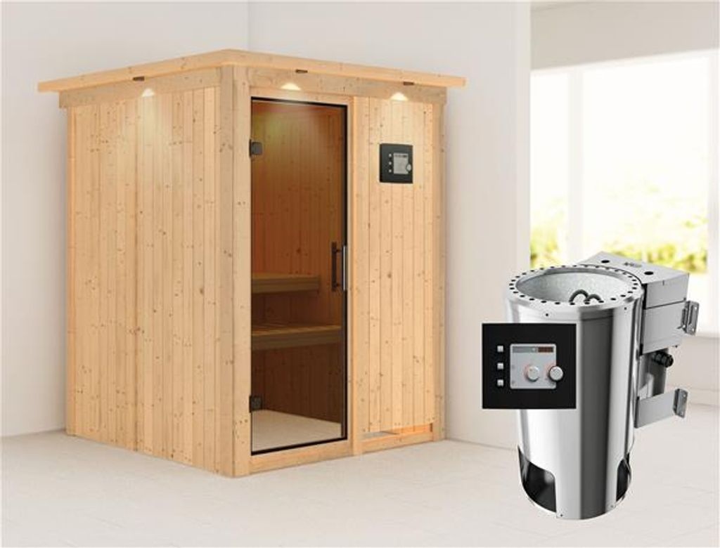 Bild von Sauna Minja 68mm 230V Kranz, Bio Saunaofen: 3,6 kW Bio-Ofen externe Strg. modern, mit Dachkranz, graphit LED-Dachkranz