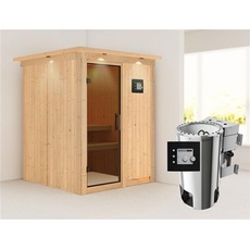 Bild Sauna Minja 68mm 230V Kranz, Bio Saunaofen: 3,6 kW Bio-Ofen externe Strg. modern, mit Dachkranz, graphit LED-Dachkranz