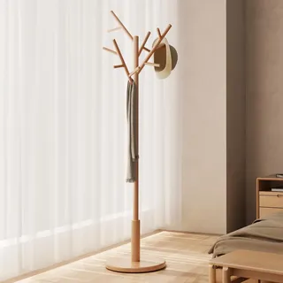 AQIMUELE Garderobenständer, Kleiderständer Massivholz, Jackenständer mit 12 Haken, für Flur, Schlafzimmer (Holzfarbe)