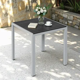 Clevich Gartentisch Wetterfeste, 75x75cm, Outdoor-Esstisch, WPC-Balkontisch, Aluminiumrahmen, Wetterfeste Gartenmöbel, quadratischer Terrassentisch, Silber Grau