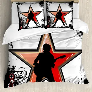 ABAKUHAUS Rockmusik Bettbezug, Guitar Player Stern, Milbensicher Allergiker geeignet mit Kissenbezügen, 200 cm x 200 cm - 80 x 80 cm, Schwarz Rot Pfirsich - Schwarz