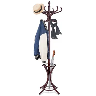 HOMASIS 184 cm Kleiderständer, Garderobenständer mit 12 Haken & Schirmständer, Jackenständer Garderobe aus holz für Mänteln, Hüten & Taschen, Standgarderobe für Schlafzimmer & Flur (Braun)