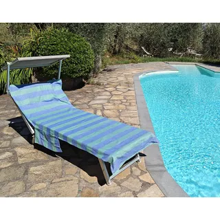 Vico Casa® Strandtuch für Sonnenliege VERSILIA 75x195cm aus Baumwolle, Streifendesign/Strandtuch mit Kissen, Taschen und Tragetasche/Blu e Verde
