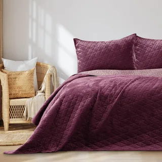 AmeliaHome Tagesdecke 200x220 cm violett lila zweiseitig Steppung Velvet Samt Laila