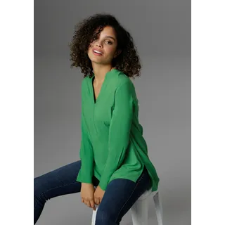 Longbluse ANISTON SELECTED, Damen, Gr. 38, grün, Web, Obermaterial: 100% Viskose, unifarben, Basic, lässig geschnitten lang, V-Ausschnitt, lange Manschette, Blusen Longbluse, mit extra-langen Manschetten