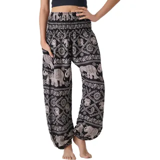 B BANGKOK PANTS Damen Haremshose, Boho, Hippie, Yogahose mit Taschen, Locker Fließend Yoga-Hose, Schwarzer Elefant, Einheitsgröße