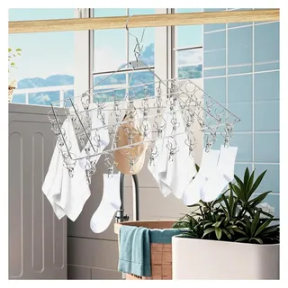 Sockenaufhänger aus Edelstahl mit 50 Heringen und Drehhaken, Metall Kleiderbügel für Wäscheleine, winddichter Kleiderbügel für Socken