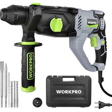 WORKPRO Bohrhammer SDS-Plus 1050W, Abbruchhammer Betonhammer Bohrmaschine 3 Joule, Variable Geschwindigkeit, 360° verstellbarer Griff, Mit Zubehör, Meißel & Koffer, 1150 R/Min, 5100BPM, Im Beton 26mm