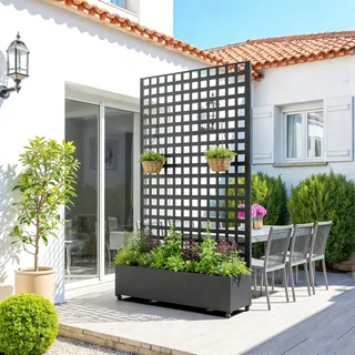casa.pro Blumenkasten mit Sichtschutz Toma Rankgitter Metall verzinkt Balkon Pflanzkübel hoch 190 x 82 x 38 cm Trennwand mit Rollen Schwarz
