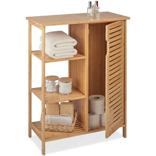 Relaxdays Badschrank Bambus, 3 offene Ablagen & Schrankfach, HBT: 87,5 x 67 x 33 cm, stehendes Badregal mit Tür, Natur