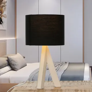 Kleine Tischleuchte 31cm hoch Holz Fuß Stoff Schirm Schwarz E27 Nachttischlampe