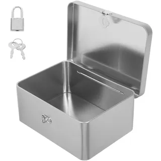 Operitacx Aufbewahrungsbox Kompakte Rechteckige Metallbox aus Weißblech mit Klappdeckel und Schloss in Silber für Schreibtischorganisation und Kleine Büroaccessoires