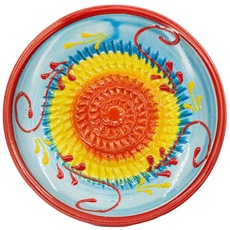 Kaladia - Keramik Reibeteller/Keramikhobel - ideal für Ingwer, Parmesan etc. - Motiv: Hellblau, Rot & Gelb - Durchmesser: 12 cm - handgemacht & handbemalt - Made in Spain