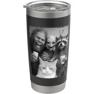 Katzen-Selfie mit Bigfoot, Alien & Racoon | Lustige Katze Doppelwandiger Edelstahl-Thermobecher