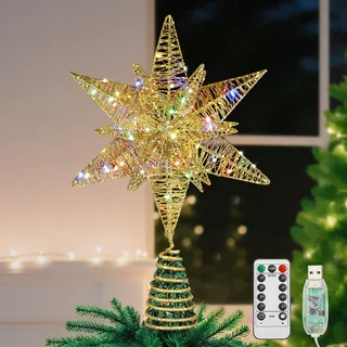 Lewondr Weihnachtsbaum Spitze Stern, 3D Sechseckig LED Lampe Weihnachtsstern Baumspitze mit Timer/8 Lichtmodi, USB-betrieben Fernbedienung Weihnachtsdeko Weihnachtsbaum Stern,Buntes Licht, Gold