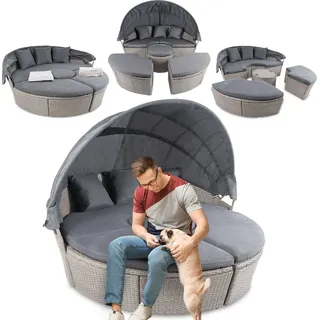 di volio Polyrattan Sonneninsel MILANO - Garteninsel mit faltbarem Sonnendach & Hocker-Tisch im exklusiven Rattan-Design inkl. eine Fleecedecke - Grau