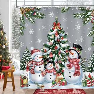COZZSNUGE Duschvorhang 180 x 180 cm Weihnachten Schneemann, Weihnachtsbaum Grauer Winterurlaub Duschvorhänge Anti-schimmel Wasserdicht Polyester Stoff Badvorhang mit 12 Duschvorhangringen