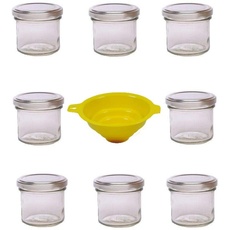 Viva-Haushaltswaren Gabriele Hesse e.K. 8 kleine Marmeladengläser für 125ml mit silbernem Deckel/für Konfitüre, Gewürze, Salze, Öle - inkl. einem gelben Einfülltrichter